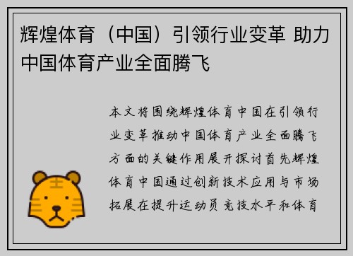 辉煌体育（中国）引领行业变革 助力中国体育产业全面腾飞